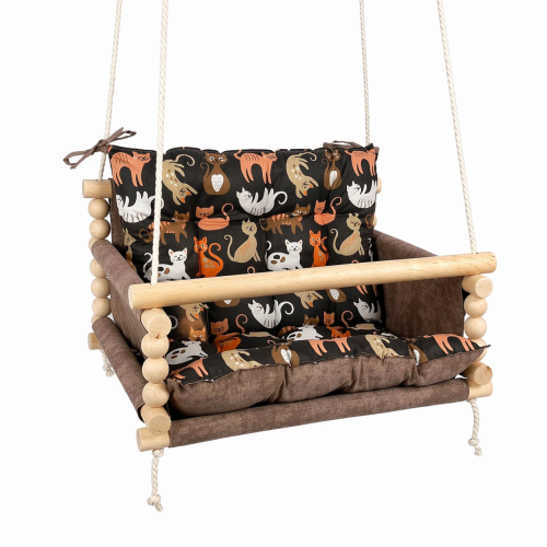 Подвесная детская качель «Джуниор», хлопок коричневый мрамор с котиками