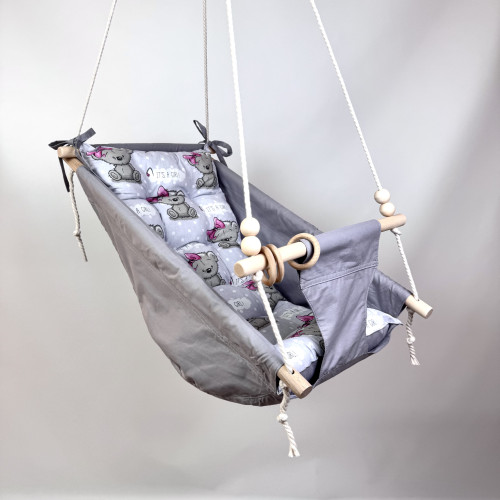 Подвесная детская качель «Колыханка», хлопок серый с мишками с бантиками