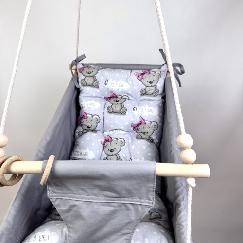 Подвесная детская качель «Колыханка», хлопок серый с мишками с бантиками