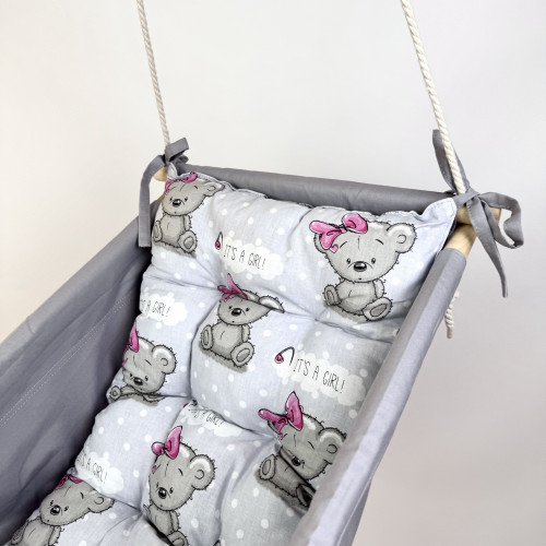 Подвесная детская качель «Колыханка», хлопок серый с мишками с бантиками