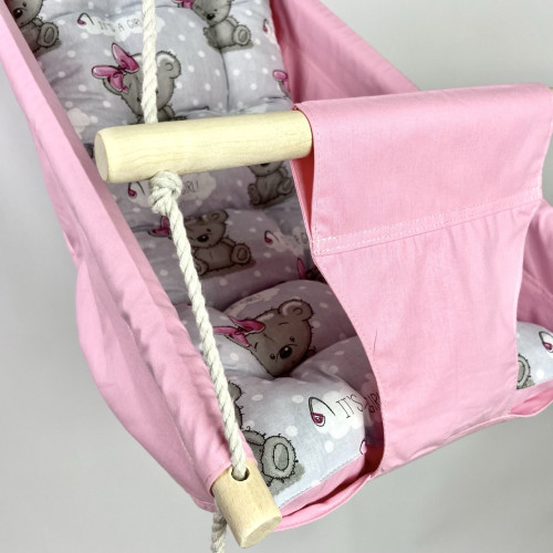 Підвісна дитяча гойдалка «Колиханка», бавовна рожева з ведмедиками з бантиком