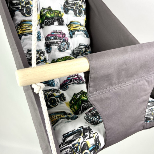 Подвесная детская качель «Колыханка», хлопок темно-серый с машинками