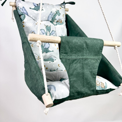 Подвесная детская качель «Колыханка», хлопок зеленый мрамор с драконами