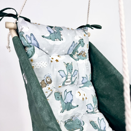 Подвесная детская качель «Колыханка», хлопок зеленый мрамор с драконами