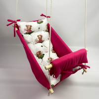 

Подвесные детские качели «Колыбелька» микровелюр розового цвета с мишками с мягким передком