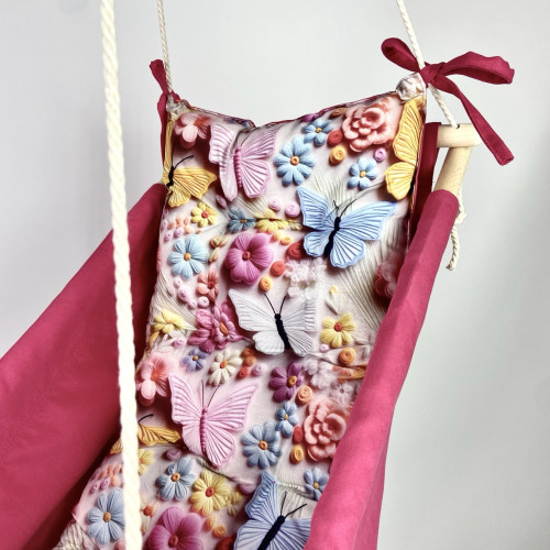 Подвесная детская качель «Колыханка», микровелюр темно-розовый с цветами