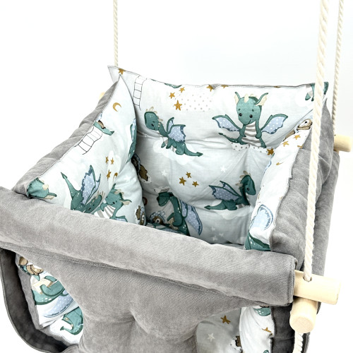 Подвесная детская качель «Премиум +», микровелюр серый с динозаврами