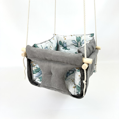 Подвесная детская качель «Премиум +», микровелюр серый с динозаврами