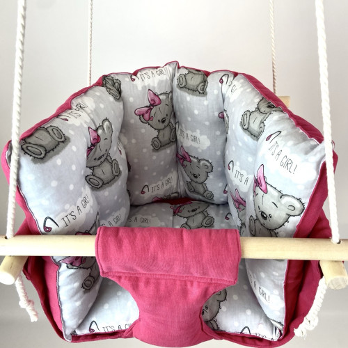 Подвесная детская качель «Премиум», микровелюр темно-розовый с мишками с бантиками