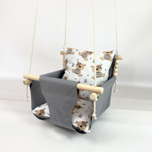 Подвесная детская качель «Стандарт», хлопок серый с мишками