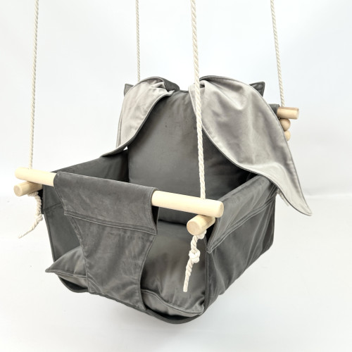 Подвесная детская качель «Стандарт», бархат светло-серый с ушками