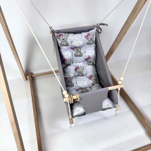 Комплект «Деревянная опора + Колыбельная», хлопок серый с мишками с бантиками