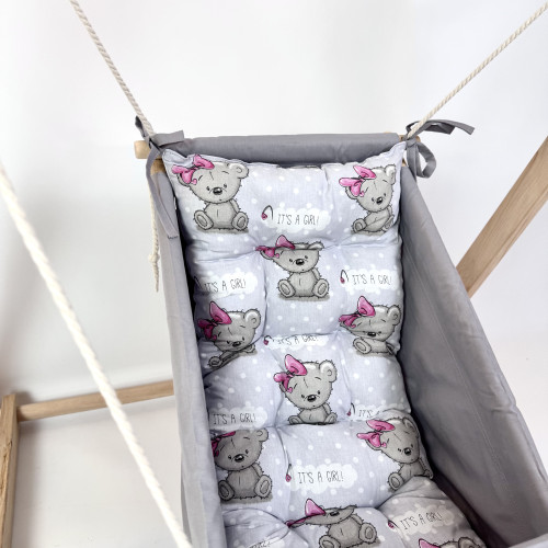 Комплект «Деревянная опора + Колыбельная», хлопок серый с мишками с бантиками