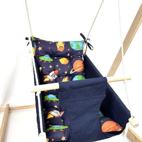 Комплект «Деревянная опора + Колыбельная», хлопок синий с космосом